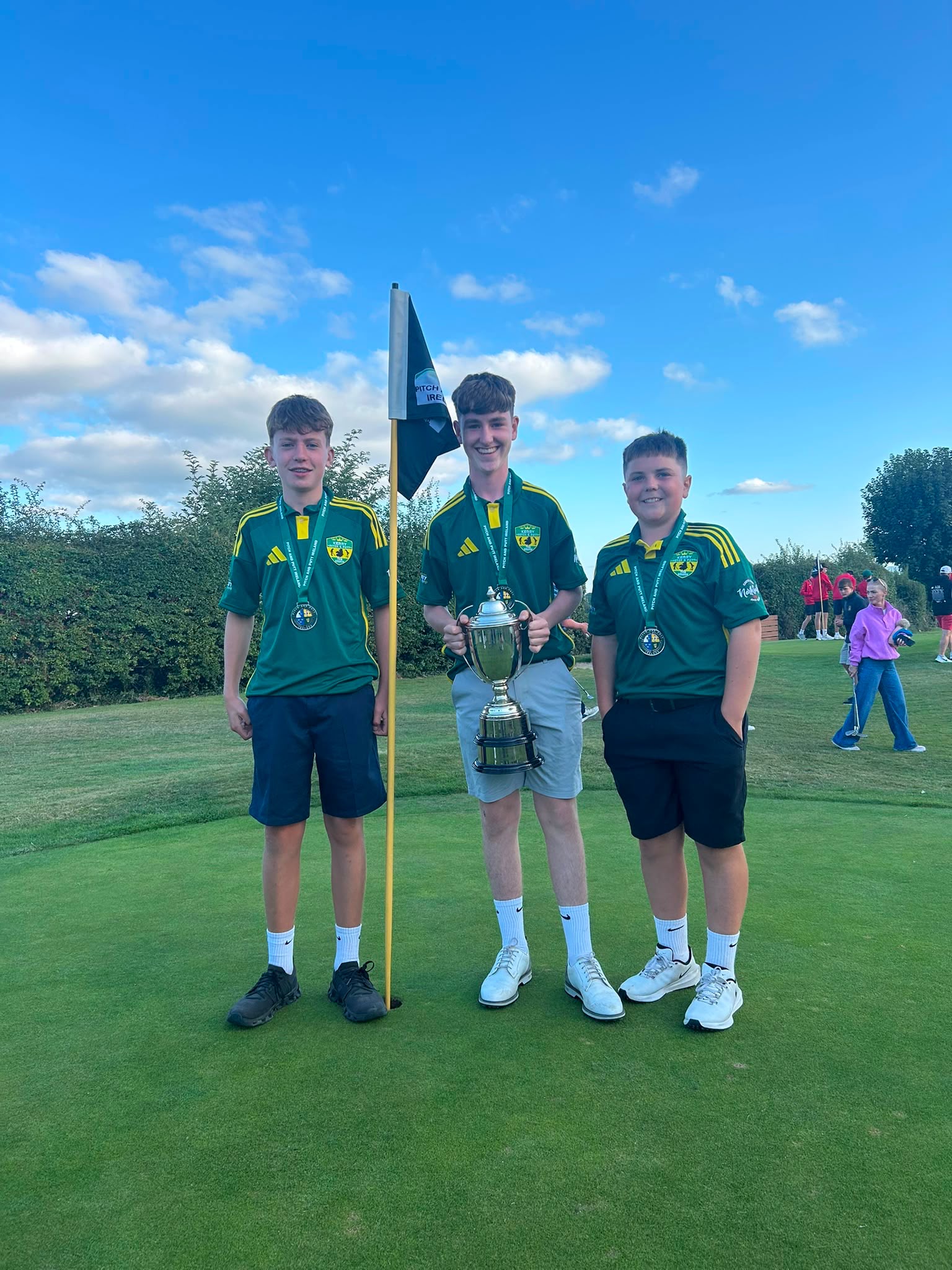 Deerpark Pitch & Putt Club's Fionn McMonagle (centre) pictured with the National Boys U16 Strokeplay Championship Cup after his win in Bruff. Co Limerick last Saturday. He is pictured alongside fellow club members Daniel Quinlan and Aodhan O'Halloran who were part of the Kerry U16 team with him that finished second in the Inter-County event.